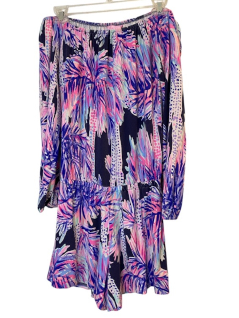 Lilly Pulitzer Lana Off The Shoulder Romper Palms Up Pink Navy Blue Size XXS